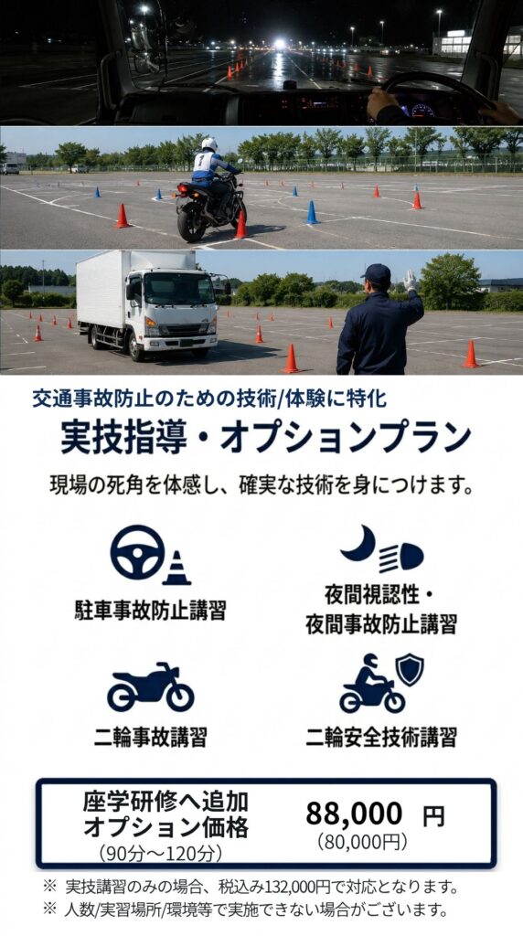 実技講習/夜間視認性、二輪事故、駐車事故、停車事故