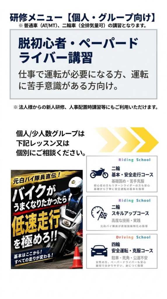 法人、企業の交通安全、交通事故防止。新人研修、人事配置訓練