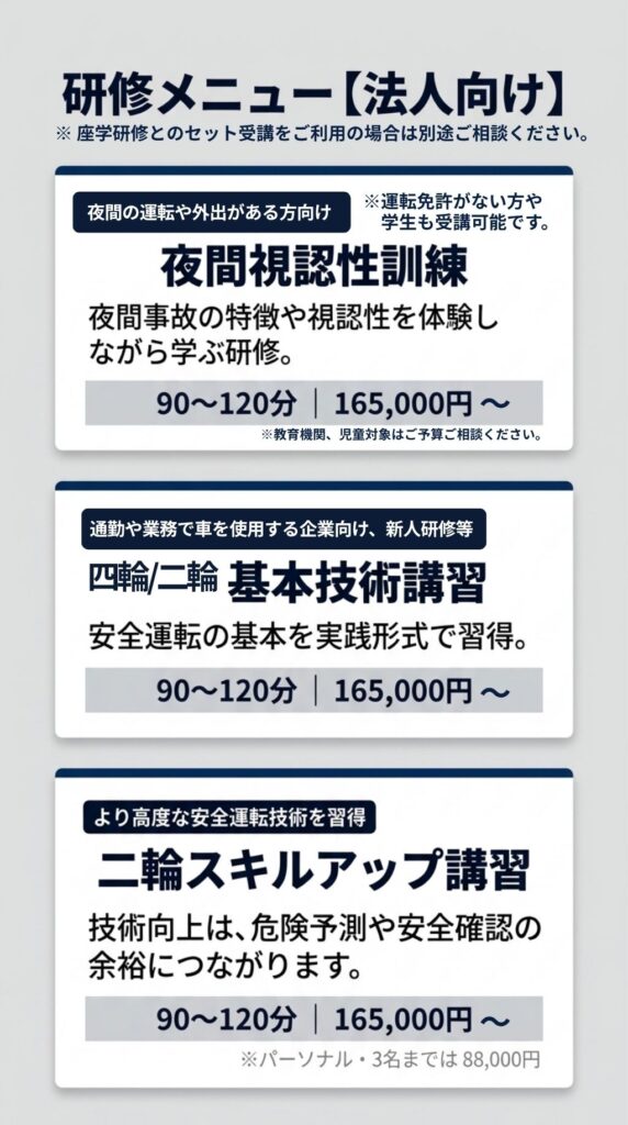 ペーパードライバー講習、元白バイ日本一の講師、企業研修、法人研修